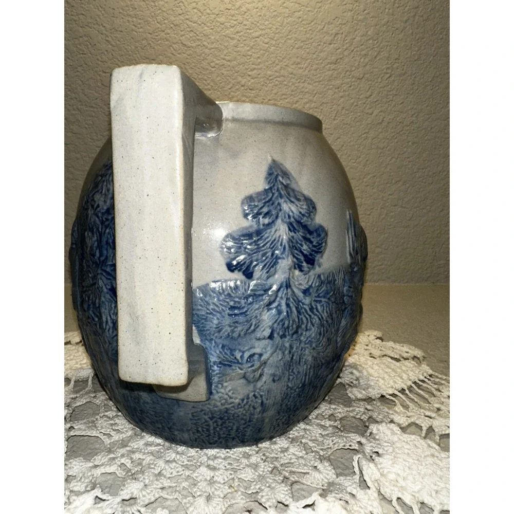 Antique Krenning Glass Co St Louis Blue Gray Stonewear Hunting Scene Pitcher